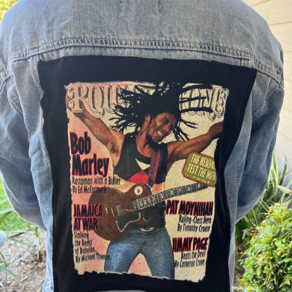 Bob Marley Frayed  Jean Jacket upcycled one of a kind Small - Picture 1 of 5